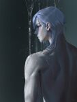  1boy bare_arms bare_back bare_shoulders blue_hair blush commentary genshin_impact hair_behind_ear highres kamisato_ayato looking_at_viewer looking_back m_alexa male_focus muscular muscular_male pointy_nose purple_eyes shadow signature solo upper_body wet 