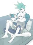  2boys androgynous controller couch eyebrows_visible_through_hair eyes_visible_through_hair galo_thymos game_controller holding holding_controller holding_game_controller lio_fotia looking_at_object male_focus mohawk monochrome multiple_boys nintendo_switch on_couch on_lap pillow promare purple_eyes shirt short_hair shorts sidecut sidelocks sitting spot_color twitter_username white_background yaoi yon_prmr 