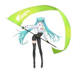  1girl abi_(user_nzav7333) absurdres bangs banner black_bodysuit black_footwear black_gloves blue_eyes blue_hair bodysuit boots closed_mouth covered_navel crop_top floating_hair full_body gloves green_gloves hair_between_eyes hatsune_miku highres holding jacket long_hair long_sleeves racing_miku racing_miku_(2022) shiny shiny_skin simple_background skindentation smile solo thigh_boots thighhighs twintails two-tone_gloves very_long_hair vocaloid white_background white_jacket 