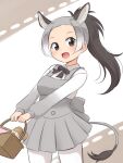  1girl :d absurdres animal_ear_fluff basket black_eyes black_hair black_ribbon bread commentary cowboy_shot donkey_(kemono_friends) donkey_ears donkey_tail dress extra_ears food gradient_hair grey_dress grey_hair highres holding holding_basket kemono_friends long_hair long_sleeves looking_at_viewer multicolored_hair neck_ribbon open_mouth pantyhose pinafore_dress pleated_dress ponytail ribbon shiraha_maru simple_background smile solo white_hair white_legwear 