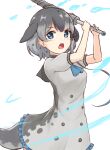  1girl absurdres apron ascot bangs bare_arms black_bow blowhole blue_ascot blue_eyes bow cetacean_tail commentary dress drillhorn_sword frilled_apron frills grey_dress grey_hair hair_bow highres holding holding_weapon kemono_friends looking_at_viewer multicolored_hair narwhal_(kemono_friends) open_mouth puffy_short_sleeves puffy_sleeves shiraha_maru short_hair_with_long_locks short_sleeves simple_background single_sidelock solo tail water_drop weapon white_background 