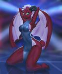  anthro black_horn blush clothed clothing dragon dress elodrea_(jackwolf) feet female green_eyes hi_res horn looking_at_viewer orca24a pink_body pink_scales red_body red_scales scales scalie solo wings 