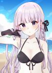  1girl absurdres bangs bare_shoulders beach bikini black_bikini black_gloves braid breasts collarbone commentary_request danganronpa:_trigger_happy_havoc danganronpa_(series) day gloves hair_lift hair_ribbon hana_no_yo hand_up highres horizon kirigiri_kyouko long_hair medium_breasts ocean official_alternate_costume outdoors purple_eyes ribbon side_braid swimsuit upper_body 