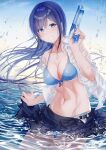  1girl bangs bikini bikini_under_clothes blue_bikini blue_eyes blue_hair blue_skirt blue_sky breasts cleavage collarbone collared_shirt commentary_request cowboy_shot eyebrows_visible_through_hair grin hair_between_eyes highres holding holding_water_gun in_water large_breasts long_hair looking_at_viewer meen_(ouaughikepdvrsf) navel open_clothes open_shirt original outdoors pleated_skirt school_uniform shirt skirt sky smile solo string_bikini swimsuit toy_gun water_gun white_shirt 