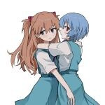  2girls arms_around_neck ayanami_rei blue_eyes blue_hair blue_skirt blush closed_mouth cowboy_shot dango_(uni_520) highres hug long_hair looking_at_viewer multiple_girls neck_ribbon neon_genesis_evangelion orange_hair profile red_eyes red_ribbon ribbon school_uniform shirt short_hair short_sleeves simple_background skirt souryuu_asuka_langley suspender_skirt suspenders tokyo-3_middle_school_uniform_(evangelion) two_side_up white_background white_shirt 