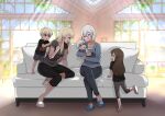  2boys 3girls absurdres age_difference azur_lane baby_carry barefoot bismarck_(azur_lane) black_pants black_shirt blonde_hair blue_eyes blue_footwear blue_shirt brown_eyes brown_hair carrying commander_cool couch finger_in_own_mouth green_eyes grey_pants grey_shirt highres long_hair long_sleeves mother_and_daughter mother_and_son multiple_boys multiple_girls pants shirt short_hair short_sleeves sitting tirpitz_(azur_lane) white_footwear white_hair 