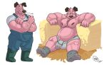  absurd_res anthro anthrofied belly bodily_fluids body_hair bulge canid canine canis cartoon_network chest_hair clothing courage_the_cowardly_dog courage_the_cowardly_dog_(character) domestic_dog farmer fur genital_fluids genitals hay hi_res male mammal maxpany musclegut nipples overalls pecs penis pink_body pink_fur precum precum_through_clothing solo underwear wet wet_clothing 