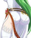  1girl artist_name ass belt breasts canadiananiguy dress green_hair highres kid_icarus kid_icarus_uprising long_hair multiple_belts palutena side_slit sideboob single_thighhigh solo strapless strapless_dress super_smash_bros. thighhighs twitter_username very_long_hair white_dress 