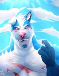  anthro background_sky blue_body blue_fur blush canid canine canis cloud facial_hair fangs floppy_ears fur goatee hi_res karkuma male mammal muscular nipple_piercing nipples piercing portrait purple_eyes scar solo wolf 