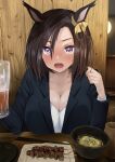  1girl absurdres air_groove_(umamusume) alcohol animal_ears bangs beer beer_mug black_jacket blush bowl breasts brown_hair chopsticks cleavage commentary_request cup elbows_on_table highres horei_tsuna horse_ears indoors jacket large_breasts long_sleeves looking_at_viewer medium_hair mug nose_blush open_mouth plate purple_eyes shirt skewer solo table umamusume upper_body white_shirt 