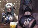  1boy 1girl absurdres alcohol ass bed bed_sheet bedroom beer bike_shorts blue_hair breasts bukkake cheating clothing_aside cum cum_in_ass cum_in_pussy cum_on_body doggystyle drinking drunk eula_(genshin_impact) forced genshin_impact highres huge_ass large_breasts large_penis lingerie messy_hair netorare non-web_source orange_eyes penis sports_bra sportswear torn_clothes torn_legwear underwear 