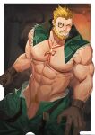  1boy abs bara beard black_gloves blonde_hair border chest_hair cyrus_(genshin_impact) facial_hair genshin_impact gloves green_pants highres large_pectorals looking_at_viewer male_focus mature_male monocle muscular muscular_male navel nipples open_pants pants pectorals penis penis_peek short_hair smile solo teeth white_border zhuganchangjiadan 