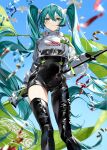  1girl :o aqua_eyes aqua_hair bangs black_gloves black_legwear blue_sky blush commentary day eyebrows_visible_through_hair feet_out_of_frame gloves goodsmile_racing hair_between_eyes hatsune_miku highres holding holding_polearm holding_weapon legs long_hair mikanoisi outdoors polearm polearm_behind_back racing_miku racing_miku_(2022) shiny shiny_clothes single_thighhigh sky solo standing sunlight thighhighs thighs twintails vocaloid weapon 