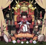 1girl armchair black_hair book bookshelf bow brown_eyes brown_hair candle cape chair crown cup dress floating floating_object flower flower_pot french_text globe hair_bow hair_tubes hakurei_reimu highres koto_seori nail_polish_bottle plant poker red_bow red_cape red_dress red_eyes rose short_hair sidelocks solo teacup thighhighs touhou white_legwear white_sleeves 