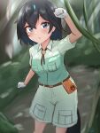  1girl absurdres arm_up bangs belt_pouch black_eyes black_hair breast_pocket breasts captain_(kemono_friends) captain_(kemono_friends)_(cosplay) commentary cosplay day eyebrows_visible_through_hair hair_between_eyes head_wings highres jungle kemono_friends medium_breasts medium_hair nature open_mouth outdoors pocket pouch shiraha_maru shirt short_sleeves shorts sketch solo superb_bird-of-paradise_(kemono_friends) velt white_shirt 