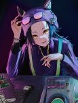  1girl absurdres adjusting_eyewear air_shakur_(umamusume) animal_ears black_hair bracelet chain chain_necklace commentary computer eyebrow_piercing hand_up hat highres horse_ears horse_girl jewelry laptop long_hair long_sleeves mixing_console multiple_rings official_alternate_costume open_mouth piercing ring s/t_(mineral_666) sharp_teeth solo sunglasses table teeth umamusume upper_body yellow_eyes 