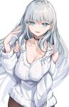  1girl bangs bare_shoulders black_choker blue_eyes blue_nails breasts choker cleavage clothing_cutout earrings gu_luco highres jewelry large_breasts long_hair looking_at_viewer open_mouth original pantyhose shoulder_cutout silver_hair sweater white_background white_sweater 
