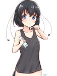  1girl absurdres alternate_costume antennae bangs bare_arms bare_shoulders black_hair black_tank_top blue_eyes bottle casual collarbone commentary cowboy_shot eyebrows_visible_through_hair hair_between_eyes highres holding holding_bottle kemono_friends parted_lips plastic_bottle shiraha_maru short_hair simple_background sketch solo tank_top western_parotia_(kemono_friends) white_background 