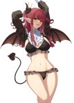  1girl :d absurdres arm_above_head arm_behind_head arms_up bangom_r black_bra black_panties bra breasts demon_girl demon_tail fangs feet_out_of_frame highres kitagawa_marin large_breasts looking_at_viewer midriff navel panties pointy_ears red_eyes red_hair shrug_(clothing) simple_background smile solo sono_bisque_doll_wa_koi_wo_suru stomach tail thighs underwear underwear_only v white_background 