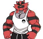  absurd_res anthro bottomwear clothing darknaigart fur hi_res incineroar male muscular muscular_anthro muscular_male nintendo pok&eacute;mon pok&eacute;mon_(species) red_body red_fur shirt shorts simple_background solo striped_body stripes tank_top topwear video_games white_background 