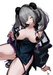  1girl animal_ears arknights arm_support bare_shoulders bear_ears black_dress black_hair black_jacket black_panties breasts breasts_apart breasts_out dress fang feater_(arknights) highres jacket large_breasts long_hair long_sleeves looking_at_viewer multicolored_hair off_shoulder open_clothes open_jacket open_mouth orange_eyes panties panty_pull pasties razu_(rus) short_dress signature silver_hair simple_background skin_fang solo squatting tassel twintails two-tone_hair underwear white_background 