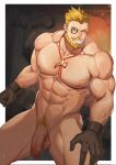  1boy abs bara beard black_gloves blonde_hair border chest_hair cyrus_(genshin_impact) facial_hair flaccid genshin_impact gloves highres large_pectorals looking_at_viewer male_focus male_pubic_hair mature_male monocle muscular muscular_male navel nipples nude pectorals penis pubic_hair short_hair smile solo teeth white_border zhuganchangjiadan 