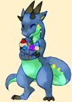  2_fingers 3_toes absurd_res accessory anthro blue_body blue_skin eyes_closed feet fingers gem green_body green_skin hi_res horn jewelry kobold male potion simple_background solo spacesmilodon spenz toes treasure 