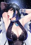  1girl armpits black_gloves blue_eyes blue_hair blush breasts cleavage dress earrings genshin_impact gloves highres jewelry large_breasts looking_at_viewer medium_hair solo tongue tongue_out xter yelan_(genshin_impact) 