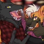 anthro black_body black_fur canid canine canis clothed clothing colored_nails digital_media_(artwork) duo enrique-terrafino flannel fur hyaenid kuro-tomo looking_at_viewer male male/male mammal nails open_mouth red_nails shirt simple_background smile teeth tongue topwear unknown_artist wolf yellow_eyes 