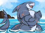  absurd_res anthro darknaigart fish grey_body hi_res male marine muscular muscular_anthro muscular_male nude open_mouth outside partially_submerged scar sea shark shark_fin shark_tail sky solo teeth water 