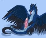  2022 absurd_res anus big_penis black_body black_feathers black_hair blue_background blue_body blue_feathers blue_pawpads bodily_fluids cum cum_on_chest cum_on_own_chest cum_on_self cumshot digitoxici dragon duo ejaculation erection feathered_dragon feathers feral genital_fluids genitals hair hi_res male masturbation pawpads penetrable_sex_toy penile penile_masturbation penis scalie sex_toy simple_background tongue tongue_out western_dragon 