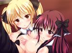  1boy 2girls amane_(dream_c_club) bare_shoulders bb blonde_hair blush breasts censored double_paizuri dream_c_club large_breasts long_hair mian_(dream_c_club) multiple_girls multiple_paizuri nipples open_mouth paizuri penis red_hair teamwork twintails 