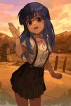  1girl bangs black_skirt blue_hair blunt_bangs bow collared_shirt furude_rika highres higurashi_no_naku_koro_ni hime_cut long_hair nasubin_(nasubisamurai15) pink_bow purple_eyes rural shirt sidelocks skirt sky solo suspender_skirt suspenders waving white_shirt 