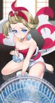  1girl :o absurdres bare_shoulders barefoot blonde_hair blue_eyes blush breasts clothes_pull collarbone electric_fan floating_hair full_body hairband highres hot irida_(pokemon) looking_at_viewer obi on_floor open_mouth pokemon pokemon_(game) pokemon_legends:_arceus red_hairband red_shirt sash shirt shirt_pull shorts sitting small_breasts solo strapless strapless_shirt sweat thighs tm_(hanamakisan) white_shorts wooden_floor 