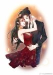  1boy 1girl baihe_shui_v black_hair cai_lin_(doupo_cangqiong) couple doupo_cangqiong dress highres hug jewelry lamia long_hair monster_girl ponytail red_dress tuxedo 