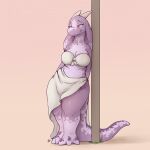  2022 absurd_res anthro breasts clothed clothing digital_media_(artwork) ears_down female hi_res horn light lighting louart midriff pivoted_ears purple_body purple_spots reptile scalie shaded simple_background smile solo spots spotted_body standing 