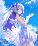  1girl amane_kanata angel angel_wings bare_arms blue_hair blue_sky cloud commentary_request cowboy_shot day dress feathered_wings highres hololive kaku_(walletbreaker) long_hair mini_wings outdoors purple_eyes see-through_silhouette short_hair sky sleeveless sleeveless_dress smile spaghetti_strap sundress virtual_youtuber water white_dress white_wings wings 