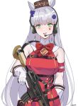  1girl absurdres animal_ears armband artist_name assault_rifle bangs bow bowtie buttons coat cosplay double-breasted english_commentary facial_tattoo fake_animal_ears gar32 girls&#039;_frontline gloves gold_ship_(umamusume) gold_ship_(umamusume)_(cosplay) green_eyes grey_hair gun h&amp;k_hk416 headset highres hk416_(girls&#039;_frontline) holding holding_gun holding_weapon horse_ears long_hair looking_at_viewer open_mouth red_bow red_bowtie red_coat rifle simple_background sleeveless_coat solo tattoo teardrop_tattoo tongue tongue_out umamusume upper_body weapon white_background white_gloves 