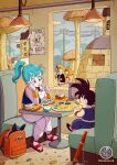  1boy 1girl bag black_hair blue_eyes blue_hair booth_seating breasts bulma cafe commentary_request desert diner dragon_ball dragon_ball_(classic) eating food highres holding ice_cream indoors norita_(6110885) open_mouth ponytail power_lines restaurant sandals school_bag sitting smile son_goku spiked_hair spoon staff table 