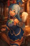  1girl alcohol aqua_(konosuba) bare_shoulders beer beer_mug blue_eyes blue_hair blue_legwear blue_skirt bow cup detached_sleeves drink green_bow hair_between_eyes hair_ornament hair_rings highres holding holding_drink indoors kono_subarashii_sekai_ni_shukufuku_wo! long_hair looking_at_viewer mug nasubin_(nasubisamurai15) open_mouth skirt smile solo tavern thighhighs white_legwear window 