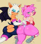  amy_rose anthro big_butt breasts butt chiropteran clothing duo eulipotyphlan female hedgehog hi_res looking_at_viewer looking_back looking_back_at_viewer mammal rouge_the_bat sega sonic_the_hedgehog_(series) thong underwear xabelha 