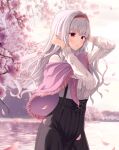  1girl :o cherry_blossoms commentary_request falling_petals floating_hair grey_hair hairband high-waist_skirt highres idolmaster idolmaster_(classic) idolmaster_million_live! lake long_hair looking_afar outdoors petals red_hairband shawl shijou_takane shirt sira_(user_dswn7488) skirt solo striped striped_shirt suspender_skirt suspenders wavy_hair 
