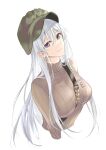  1girl alternate_costume azur_lane bangs blue_eyes brown_sweater casual closed_mouth cropped_torso earrings enterprise_(azur_lane) eyebrows_visible_through_hair green_headwear highres jewelry lips long_hair looking_at_viewer silver_hair smile solo suprii sweater upper_body white_background 