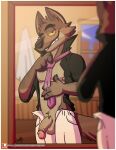  absurd_res anthro balls bottomwear candyshybat canid canine canis clothed clothing dreamworks genitals hi_res humanoid_genitalia humanoid_penis looking_at_mirror looking_at_object male mammal mirror mr._wolf_(the_bad_guys) necktie open_bottomwear open_clothing open_pants open_shirt open_topwear pants penis shirt solo the_bad_guys topwear wolf 