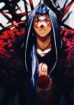  1boy blue_hair cape closed_mouth cu_chulainn_(fate) cu_chulainn_alter_(fate) dark_blue_hair dark_persona earrings facepaint fate/grand_order fate_(series) fur-trimmed_cape fur_trim hood hood_up jewelry long_hair looking_at_viewer male_focus ponytail red_eyes solo spiked_hair spikes topless_male wagaya43 