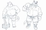  2022 absurd_res anthro belly big_belly bottomwear boxing_gloves canid canine canis clothing domestic_dog handwear hi_res humanoid_hands huynhduyad14 kemono male mammal melee_weapon moobs nipples overweight overweight_male shorts simple_background sword weapon white_background 
