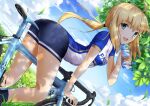  1girl a-senmei ahoge artoria_pendragon_(fate) ass bangs bicycle bike_jersey bike_shorts blonde_hair blush bottle breasts fate/stay_night fate_(series) flower grass green_eyes ground_vehicle highres open_mouth ponytail ribbon saber smile solo sweat tree water_bottle 