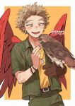  1boy bird blonde_hair boku_no_hero_academia border bracelet collared_shirt cowboy_shot dog_tags ear_piercing earbuds earphones earrings facial_hair facial_mark falcon falconry_glove feathered_wings feeding gloves goatee green_pants green_shirt hawk hawks_(boku_no_hero_academia) jewelry kadeart light_blush looking_at_animal male_focus open_clothes open_mouth open_shirt outside_border pants piercing red_feathers red_wings ring shirt short_hair single_glove solo stubble stud_earrings teeth tongue twitter_username two-tone_background upper_teeth white_border wings yellow_background yellow_eyes yellow_shirt zookeeper 