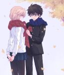  1boy 1girl adjusting_another&#039;s_clothes adjusting_scarf arcueid_brunestud autumn autumn_leaves black-framed_eyewear black_hair blonde_hair commentary_request feet_out_of_frame gakuran glasses highres looking_at_another muko_(4moiut) own_hands_together pantyhose pleated_skirt red_eyes scarf school_uniform short_hair skirt smile sweater tohno_shiki tsukihime tsukihime_(remake) white_sweater 