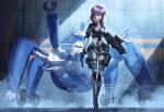  1girl absurdres bodysuit cable colinsearle commentary cyberpunk cyborg english_commentary ghost_in_the_shell gun handgun highres kusanagi_motoko long_hair looking_at_viewer machinery mecha purple_hair robot science_fiction serious submachine_gun suppressor tachikoma walker weapon wheel 